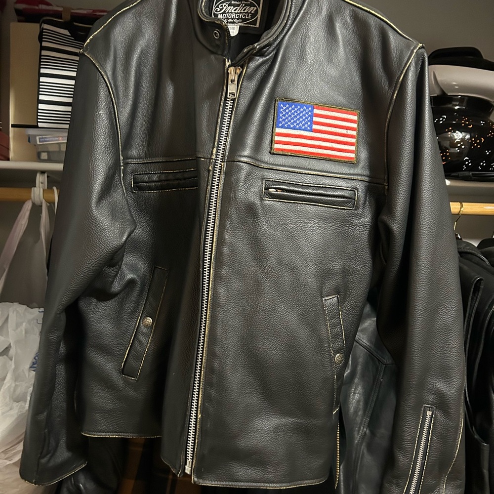 Black Leather Motorcycle Jacket with American Flag Patch